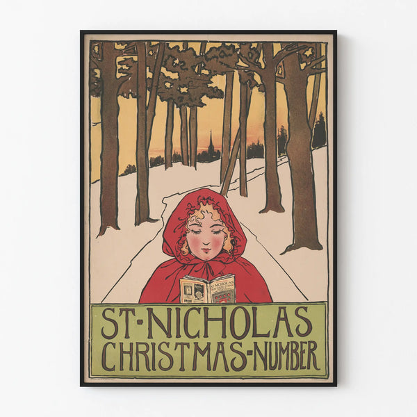Vintage Christmas Poster of Saint Nicholas with Child in Red Coat