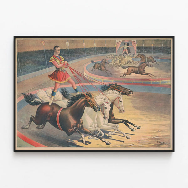 Vintage Poster of a Horse Rider Artist in a Circus Act — framed artwork on a wall