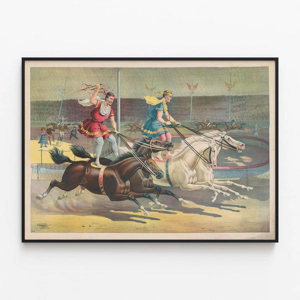 Vintage poster of horse racing and equestrian vaulting — framed artwork on a wall