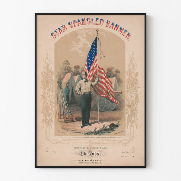 Vintage Poster of the Star Spangled Banner with Soldier and American Flag