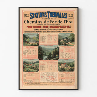 Vintage poster of thermal stations served by the Eastern Railway