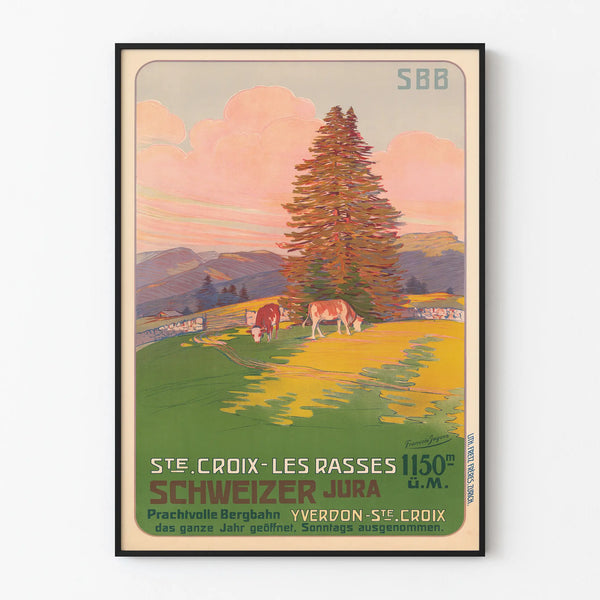 Vintage poster of Ste-Croix Les Rasses Jura Switzerland for wall decoration