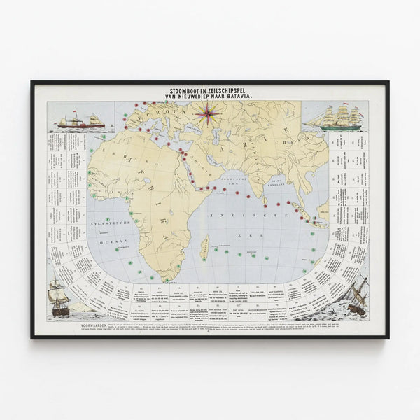 Decorative map of the maritime route Nieuwediep-Batavia with steamer and sailing ship — framed artwork on a wall