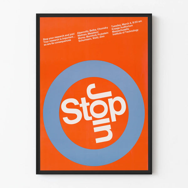 Poster Stop In Blue Circle on Orange Background - Contemporary Wall Decoration