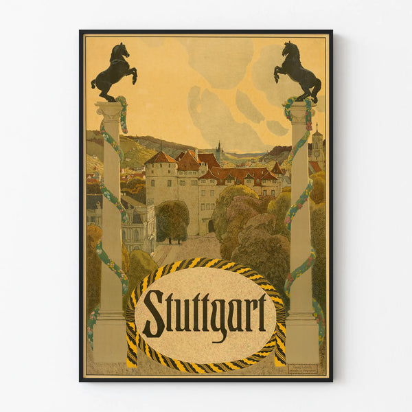 Vintage Stuttgart poster with architecture and decorative horses