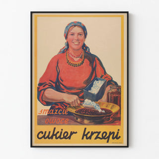 Vintage kitchen poster with woman, sugar, and fruits