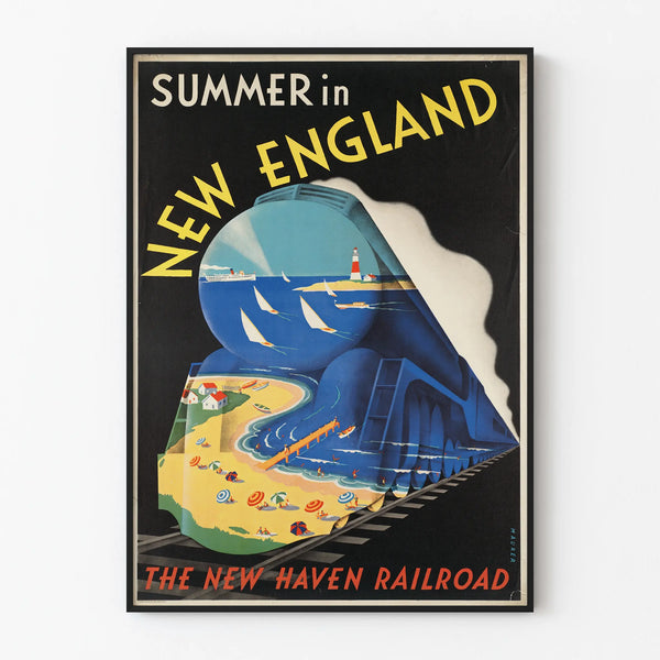 Vintage Poster Summer in New England - Wall Decoration Train & Beach