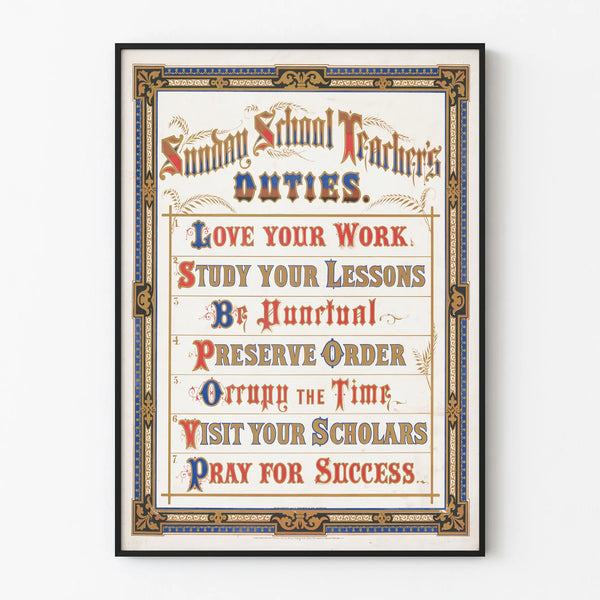 Vintage poster of the Sunday school teacher's duties