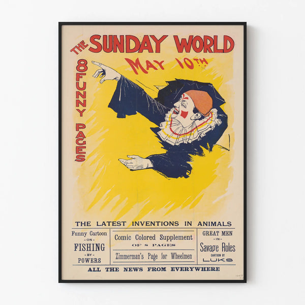 Vintage poster The Sunday World from May 10 with colorful clown