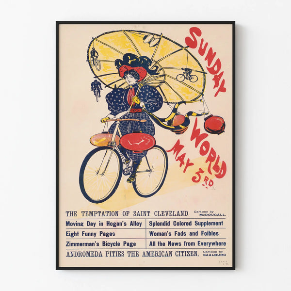 Vintage Sunday World poster from May 5th on the theme of cycling