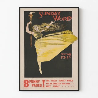 Vintage Sunday World Poster with Woman in Yellow Dress and Torch