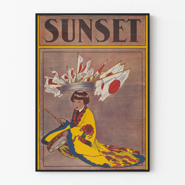 Vintage Sunset Poster - Young Girl in Kimono with Japanese Flags