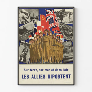 Allied propaganda poster on land, sea, and air
