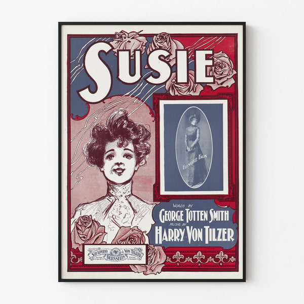 Vintage decorative poster Susie with portrait and roses