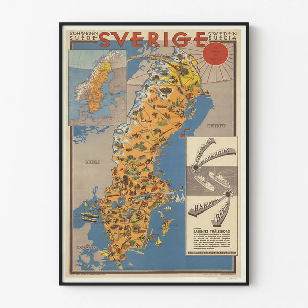 Illustrated Map Poster of Sweden - Vintage Wall Decoration