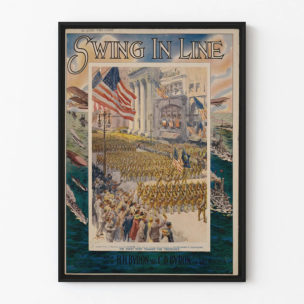 Vintage American military parade poster with flags