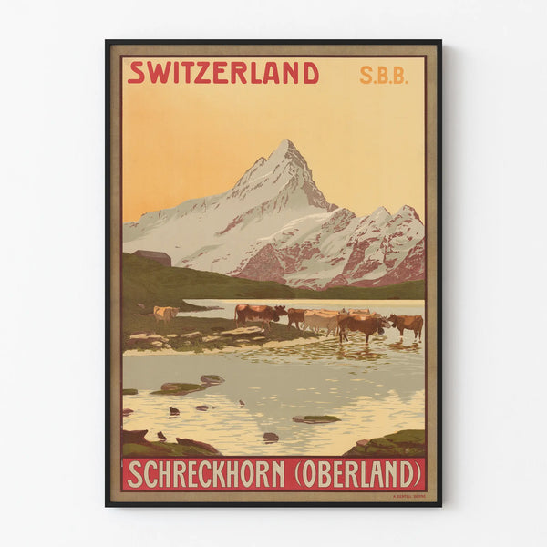 Vintage poster of Mont Schreckhorn Oberland Switzerland for wall decoration