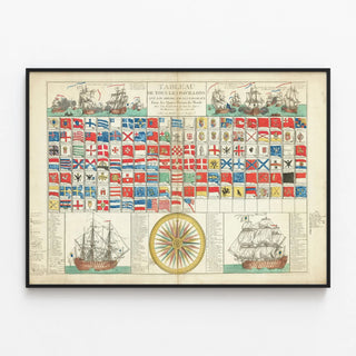 Marine Art Poster: Chart of National Ensigns and Flags on Vintage Sailboats — framed artwork on a wall