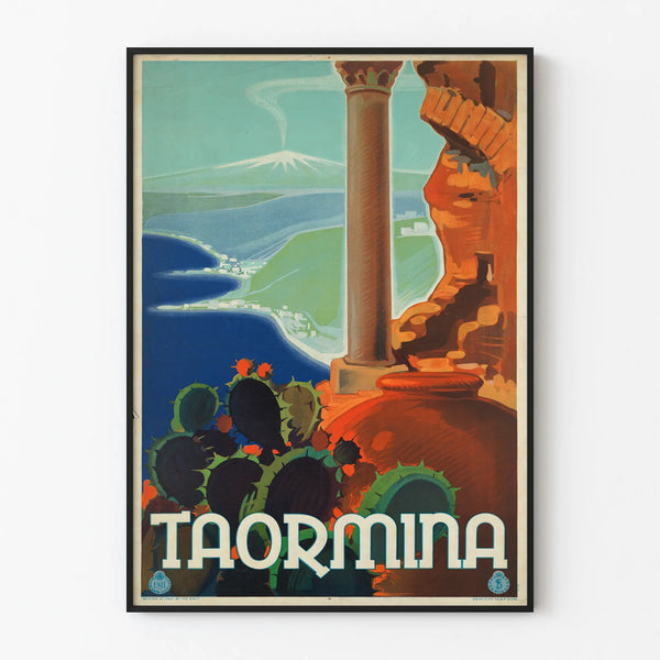Vintage Taormina poster with a view of Mount Etna and Mediterranean decor