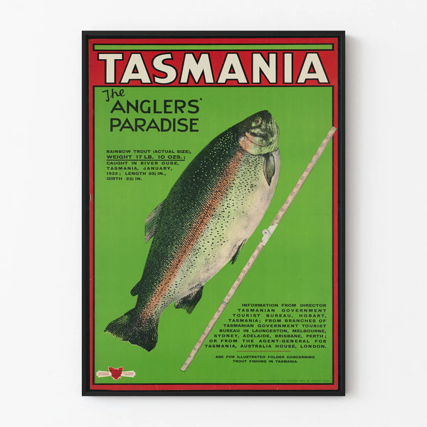 Vintage Tasmania Poster The Anglers' Paradise – Wall Decoration Fishing and Nature