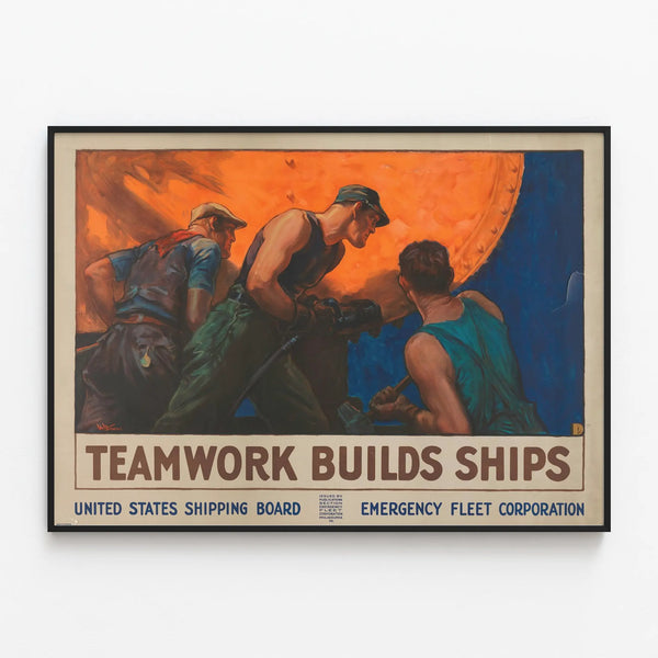 Vintage Poster Teamwork Naval Construction — framed artwork on a wall