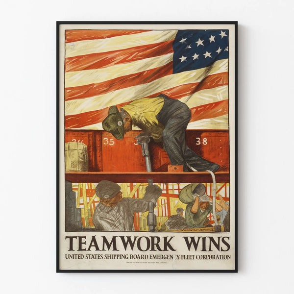 Vintage Poster Teamwork Wins - Industrial Patriotic Wall Decoration