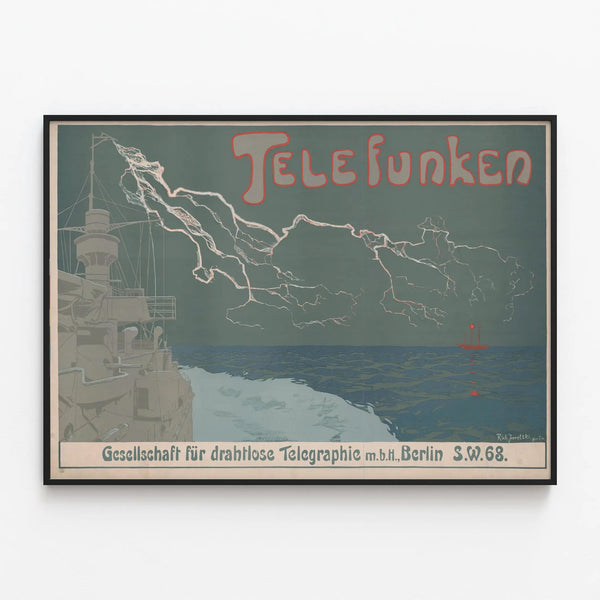 Vintage wall poster with mystical maritime Téléfunken design — framed artwork on a wall