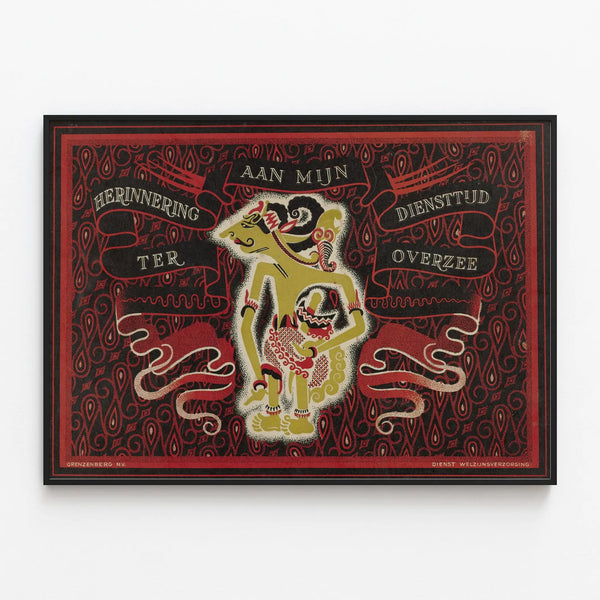 Vintage poster of an overseas service souvenir — framed artwork on a wall