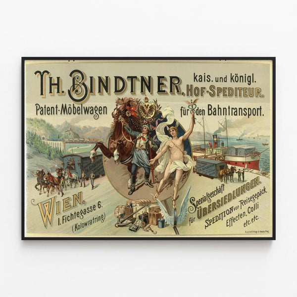 Vintage transport and logistics poster by Th. Bindtner for wall decoration — framed artwork on a wall