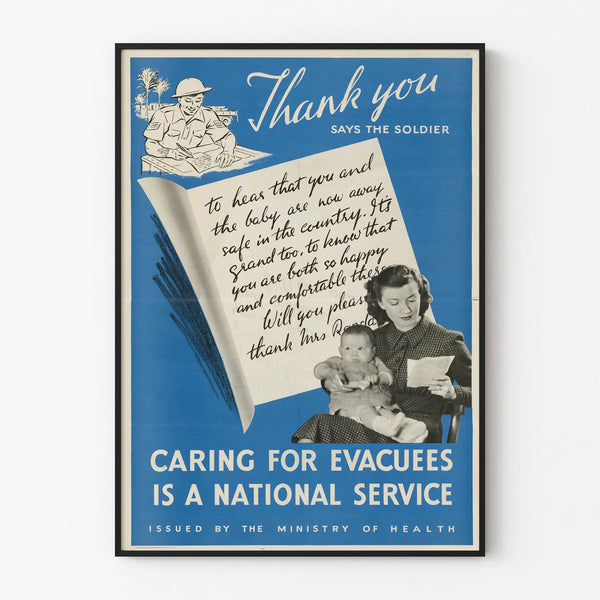 Vintage wall decoration poster supporting evacuees