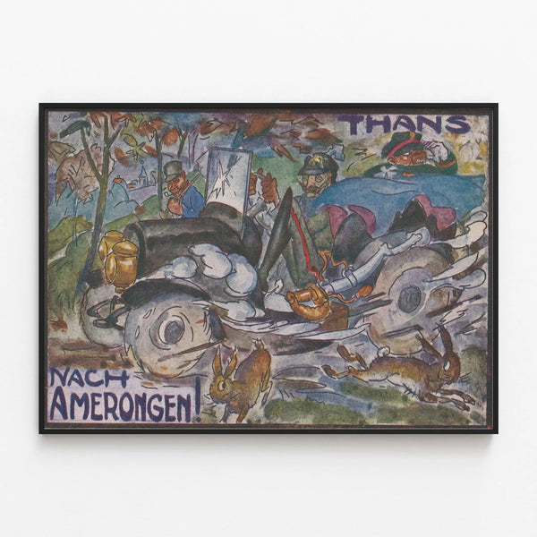 Vintage poster Thans Nach Amerongen military vehicle and hares — framed artwork on a wall