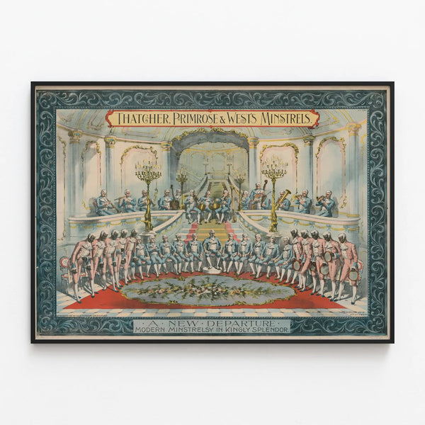 Vintage decorative poster Thatcher, Primrose & West's Minstrels — framed artwork on a wall