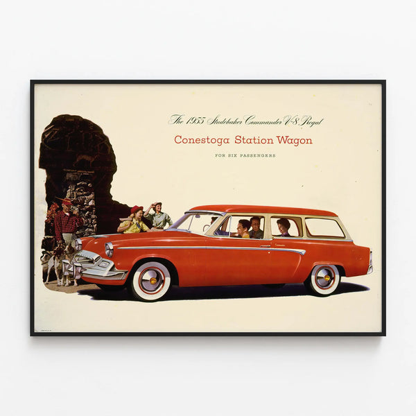 Vintage poster of Studebaker Commander V8 Regal 1955 station wagon — framed artwork on a wall