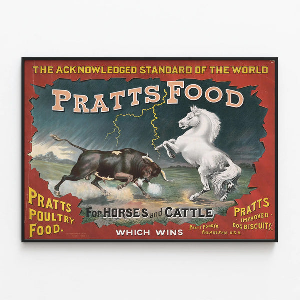Vintage Poster for Pratts Food for Horses and Cattle — framed artwork on a wall