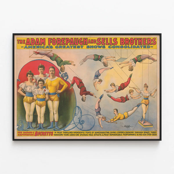 Vintage Circus Poster Adam Forepaugh and Sells Brothers – Bicketts Acrobats — framed artwork on a wall
