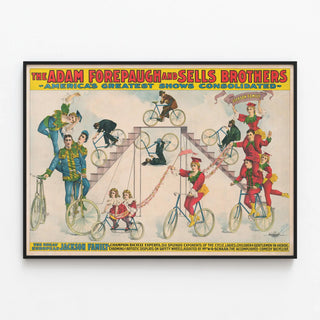 Vintage poster of acrobatic show The Adam Forepaugh and Sells Brothers — framed artwork on a wall