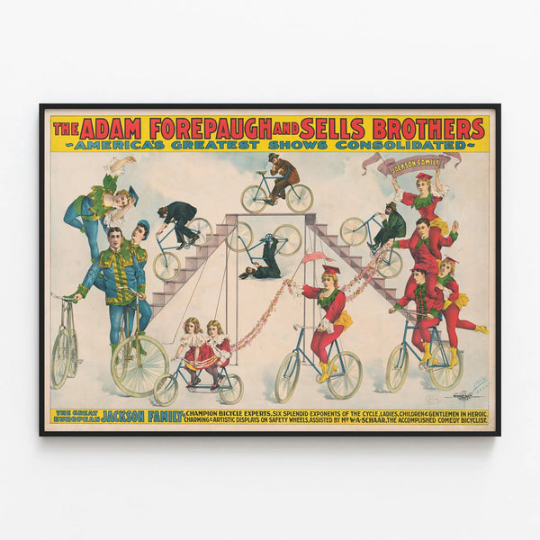 Vintage poster of acrobatic show The Adam Forepaugh and Sells Brothers — framed artwork on a wall