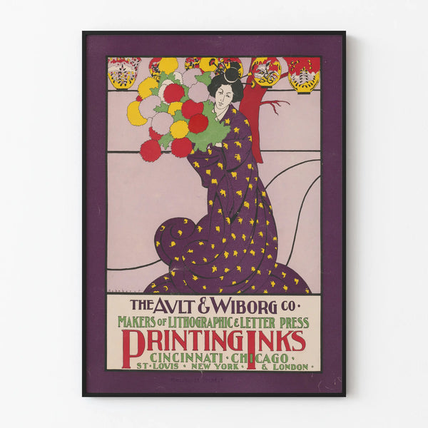 Vintage decorative poster Art Nouveau woman with bouquet