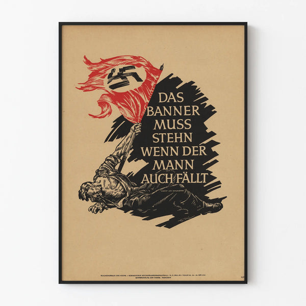 Vintage German propaganda poster with red banner and fallen man