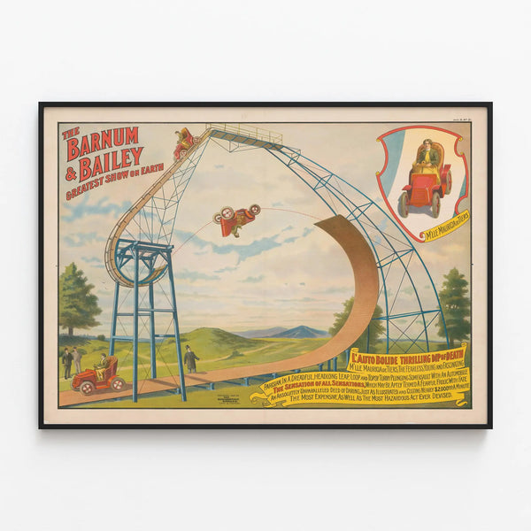 Vintage Barnum & Bailey Cascade Automobile Poster — framed artwork on a wall