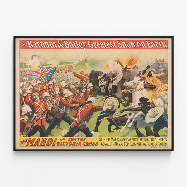 Vintage Barnum & Bailey Poster - Battle in Sudan — framed artwork on a wall