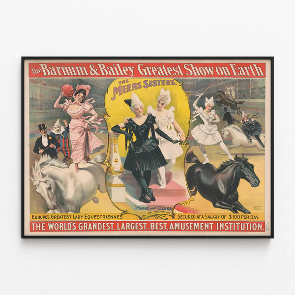 Vintage Barnum & Bailey Poster - The Meers Sisters, Legendary Equestrians — framed artwork on a wall