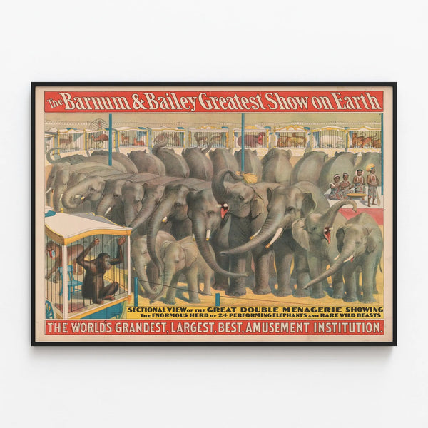 Vintage Barnum & Bailey Poster - Circus and Elephant Menagerie — framed artwork on a wall