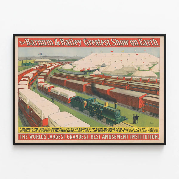 Vintage poster Barnum & Bailey Greatest Show on Earth, arrival of the four trains — framed artwork on a wall