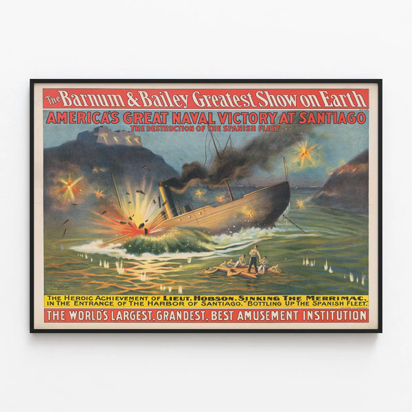 Vintage poster of America's great naval victory at Santiago - Maritime wall decoration — framed artwork on a wall