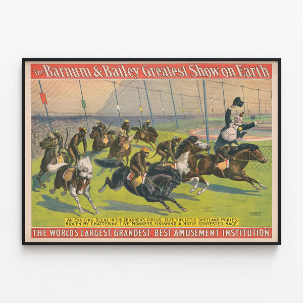 Vintage Barnum & Bailey Poster - Monkey Race on Shetland Ponies — framed artwork on a wall
