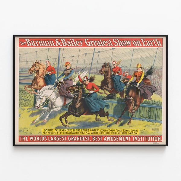 Vintage Barnum & Bailey Poster - Women's Equestrian Race at the Circus — framed artwork on a wall