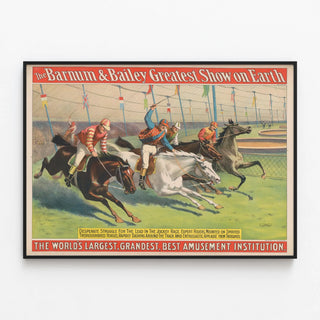 Vintage Poster of the Jockeys Race Barnum & Bailey — framed artwork on a wall
