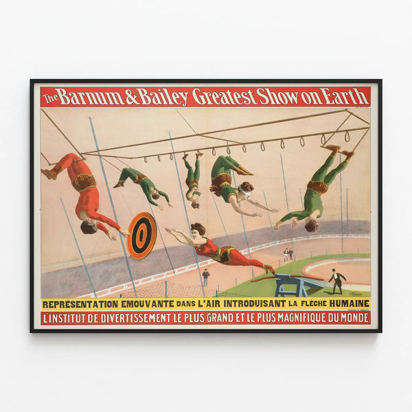 Vintage Circus Poster Barnum & Bailey - Acrobatics and Aerial Show — framed artwork on a wall