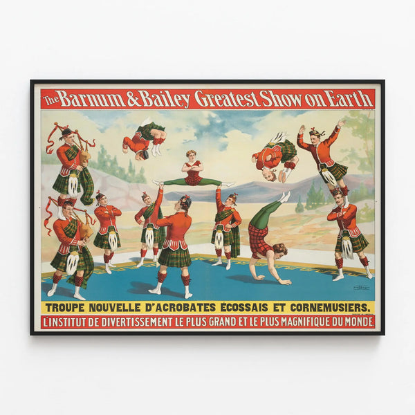 Vintage Barnum & Bailey Poster - Scottish Acrobat and Bagpiper Troupe — framed artwork on a wall